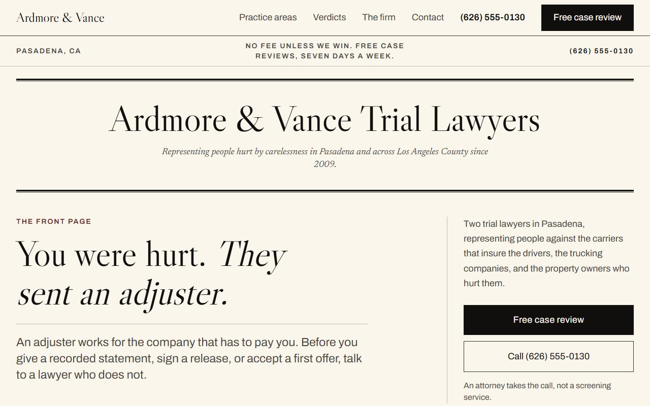 The Ardmore & Vance Trial Lawyers website