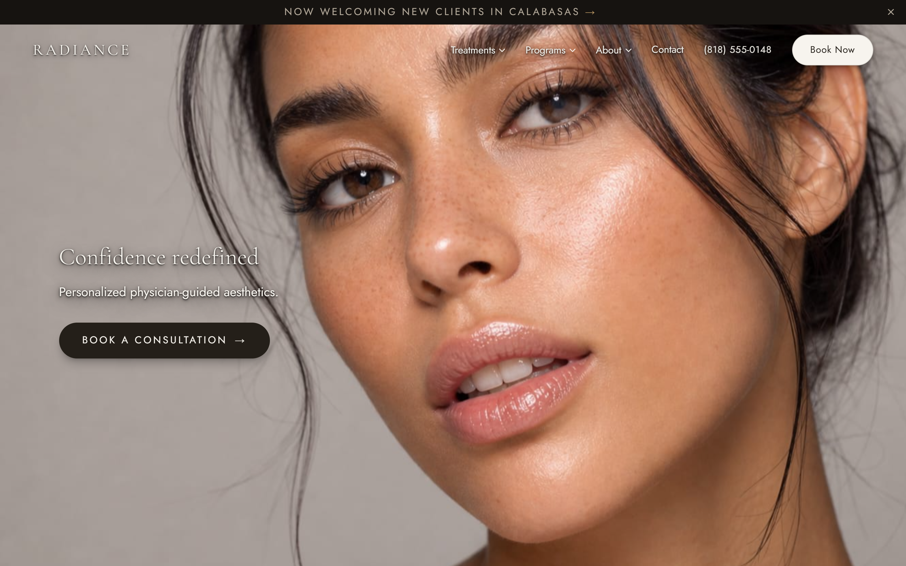 The Radiance Aesthetics website on a desktop browser
